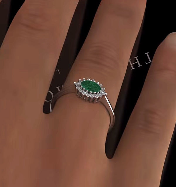 Emerald 6 x 4mm And Diamond 18K White Gold Ring FET21-GY